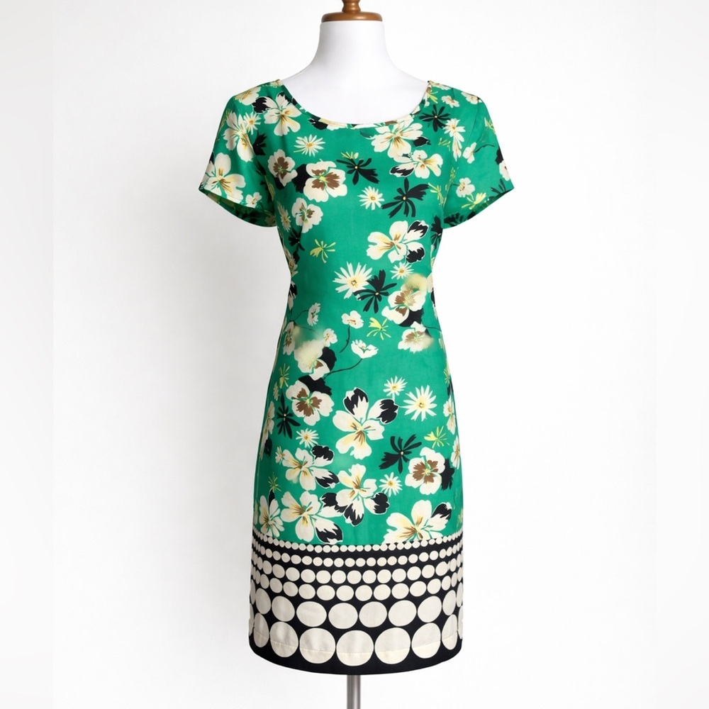 AB Studio Green Floral Sheath Dress | Black & White Border Hem |  | Size 12
